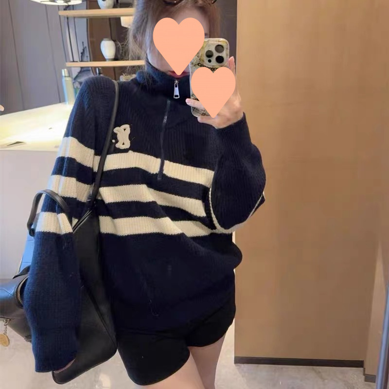 High Version Logo Embroidered Stripesd Lapel Warm Sweater for Women 24 Autumn and Winter New Loose Lazy Style Knitted Top