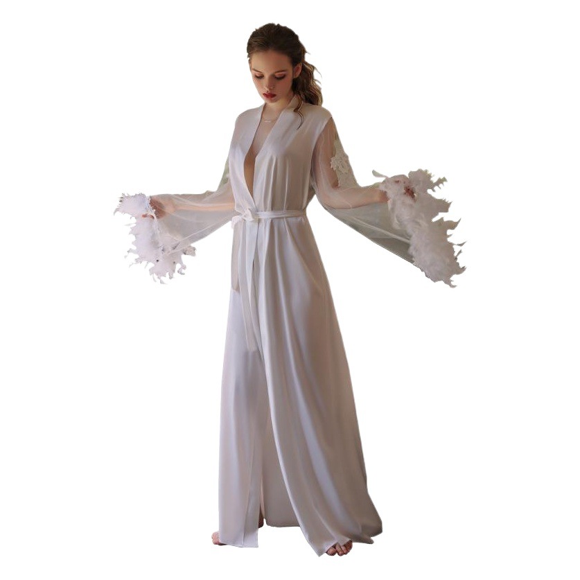 Guiruo Brand Imitation Silk Splicing Mesh Feather Cuffs Stereo Embroider Lace-Up Long Nightgown Home Wear 1000