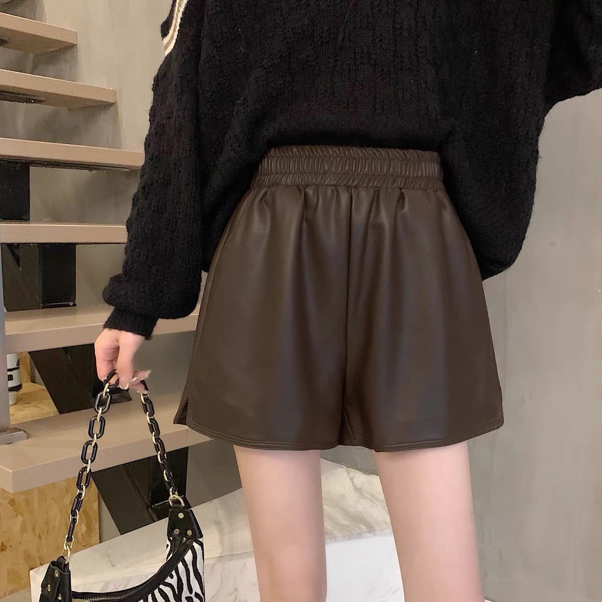 Leather shorts women's autumn and winter 2023 new Korean style outer wear elastic high waist slimming leather pants casual bottoming boot pants