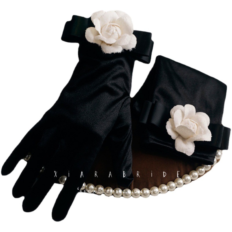 Black Evening Dress Gloves Bride Bow Wedding Dress Popular Travel Photo Props Photo French Retro Hepburn Style