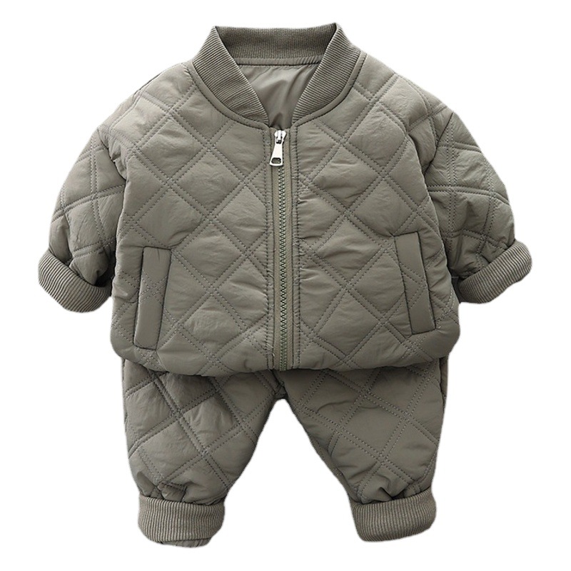 Winter thickened 2023 Winter children's baby Plaid zipper cotton-padded clothes two-piece autumn and winter boys' plus velvet suit