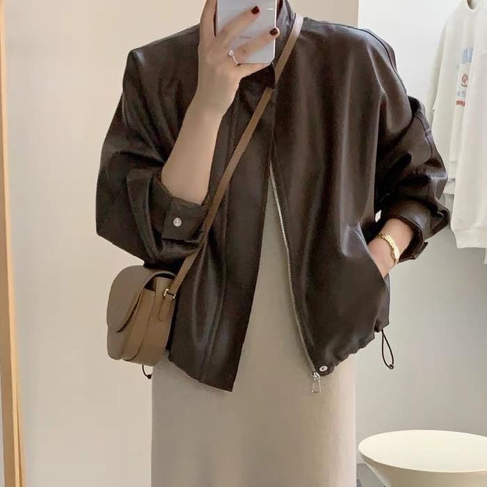Brown Leather Jacket Women's Leather Jacket 2025 New Hong Kong Style Short Motorcycle Jacket This Year's Popular American Retro Style