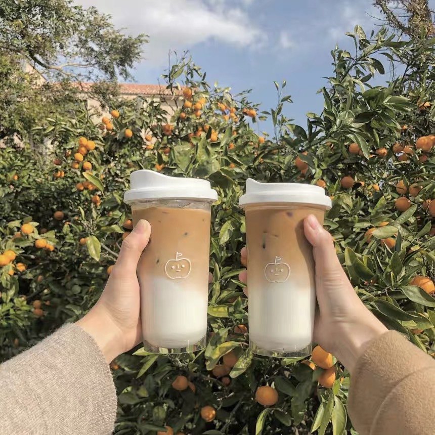 Korean ins Style Homemade Apple Plastic Cup Transparent Casual Cup Coffee Cup with Lid Pluggable Straw Couple Water Cup