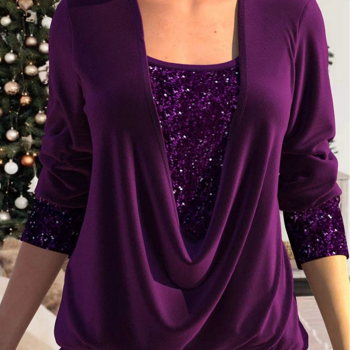 Cross-border European and American New Solid Color Sequin Stitching U-collar Long Sleeve T-shirt 2023 Fashion Elegant Casual Elegant Top