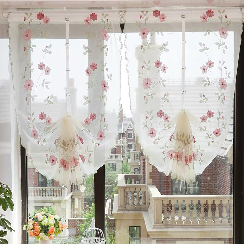 Korean Style Small Fresh Daisy Embroidered Window Screen Curtain Finished Bay Window Punch-Free Adjustable Lift Curtain Partition Balloon Curtain