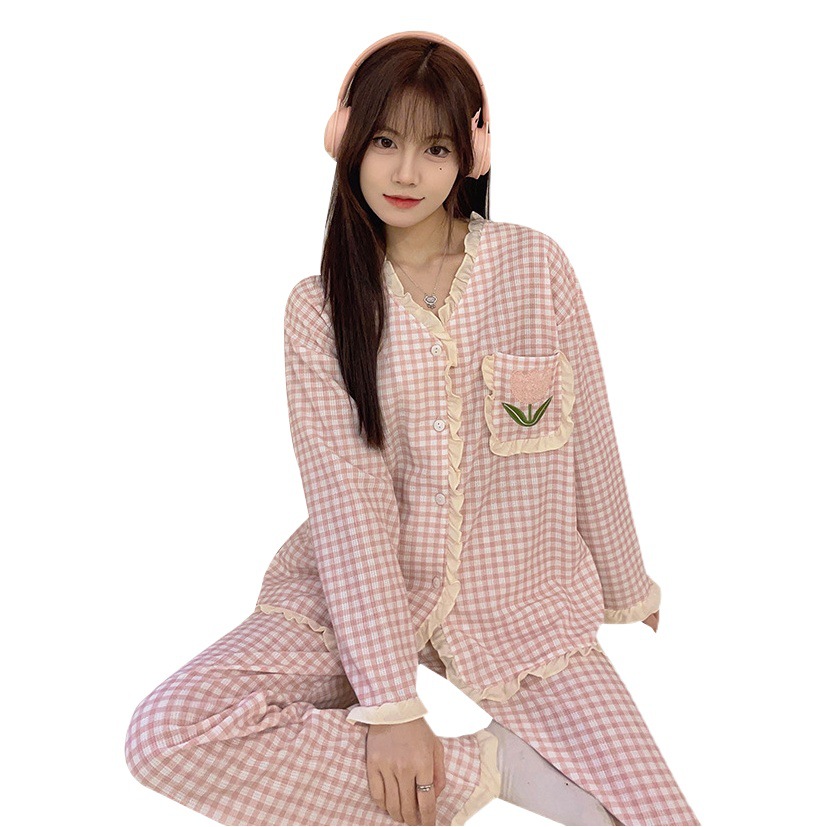Wafflesque Pajamas Women's Spring and Autumn Sweet Ins Style Plaid Long Sleeve Fattening plus size chubby girl Home Clothes Two-Piece Set