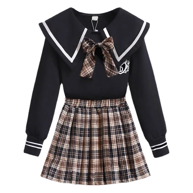Girls' Sweater Set Children's Spring and Autumn Western-style Pleated Skirt Two-piece Set College Autumn Girl's New Internet Celebrant Clothes