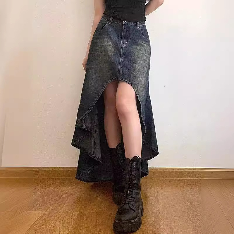 American Style Retro Hot Girl Denim Skirt Design Sense Small Fishtail Skirt Retro High Waist Midi Skirt for Women