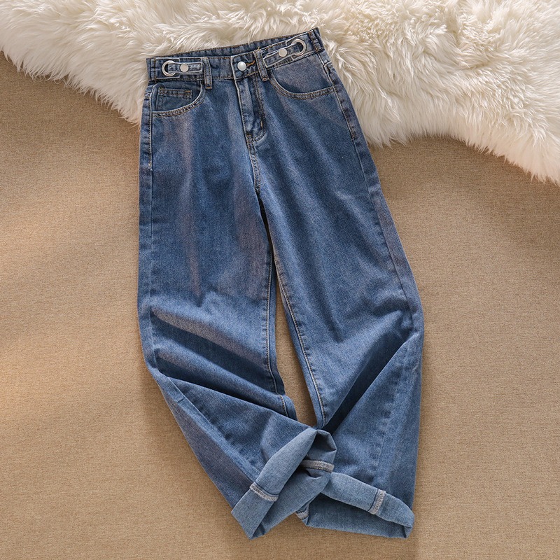 Picture of Summer Thin Loose Adjustable New Style Straight All-match Draping Outer Wear Light-colored High-waist Floor-mopping Wide-leg Jeans for Women