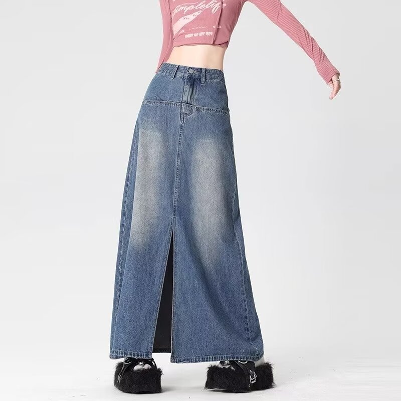 dark blue Split Denim Skirt Women's Long Mop Pear-Shaped Figure Design Tall A- Line Long Skirt Umbrella Skirt