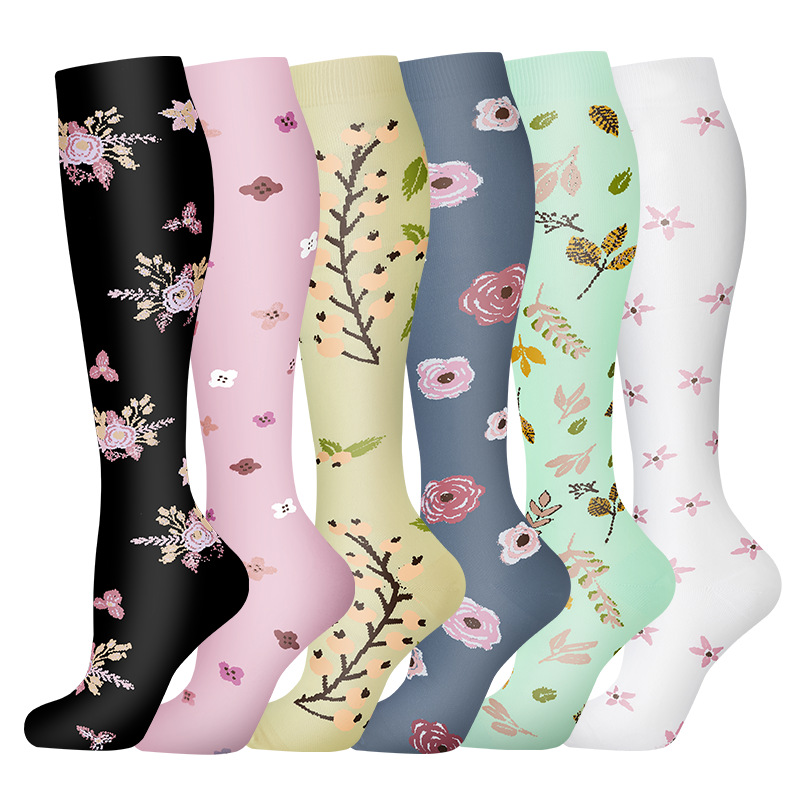 New Amazon Flower Painting Sports Pressure Socks Rope Skipping Running Compression Socks Long Socks Men and Women Riding Calf Socks
