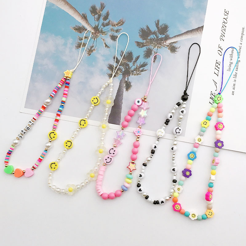 New cross-border hot soft ceramic mobile phone chain diy mobile phone case mobile phone rope handmade beaded smiley face anti-losing rope trend