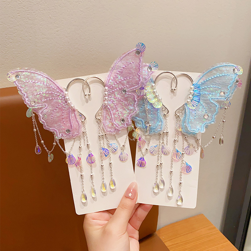 Picture of Children's Mermaid Tassel Earrings Girls Super Fairy Butterfly Shell Earrings Little Girl Princess Elf Earrings Accessories