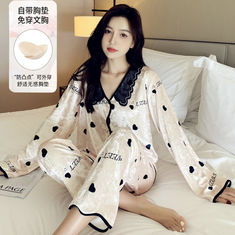Golden Velvet Pajamas Women's Autumn and Winter with Chest Pad Diamond Velvet Long Sleeve Lapel Sweet Casual Outwear Home Clothes suit