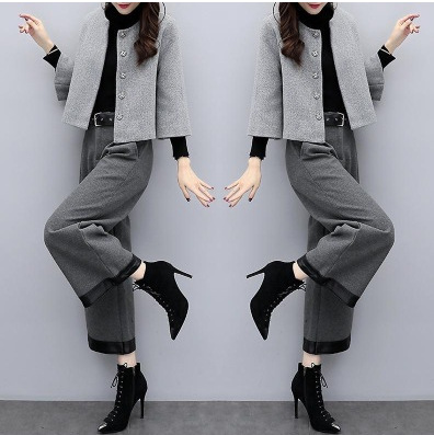 2025 New Women's Autumn and Winter Large Size Two-Piece Pants Woolen Short Jacket Wide Leg Pants Casual Fashion Suit Women's Trendy