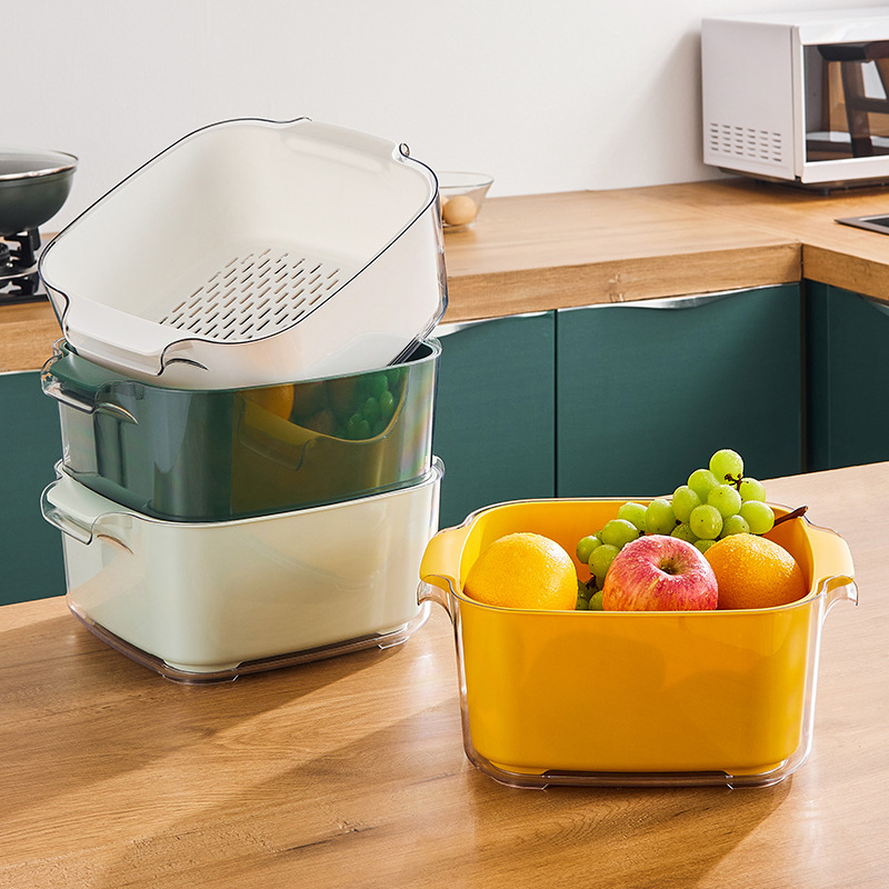 Double-Layer Vegetable Washing Basin with Draining Basket, Kitchen Plastic Fruit Tray, Living Room Sink Water Filter Basket, Vegetable Washing Basket, Thickened