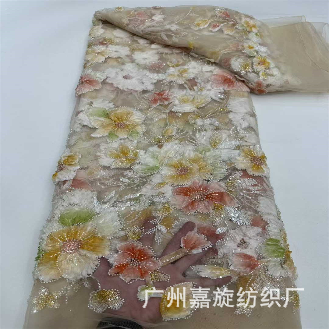 Foreign trade laser printing and dyeing three-dimensional appliqué mesh fabric bead tube sequin embroidery women's dress dress embroidery fabric