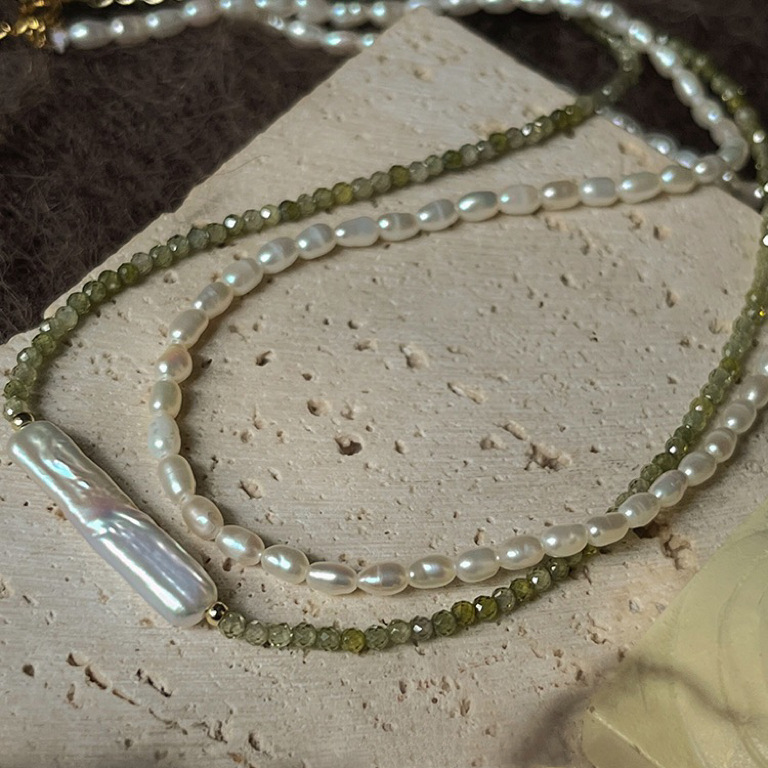 Picture of Baroque Long Strip Natural Freshwater Pearl Olive Green Facet Natural Zircon Women's Summer Fresh Beaded Necklace
