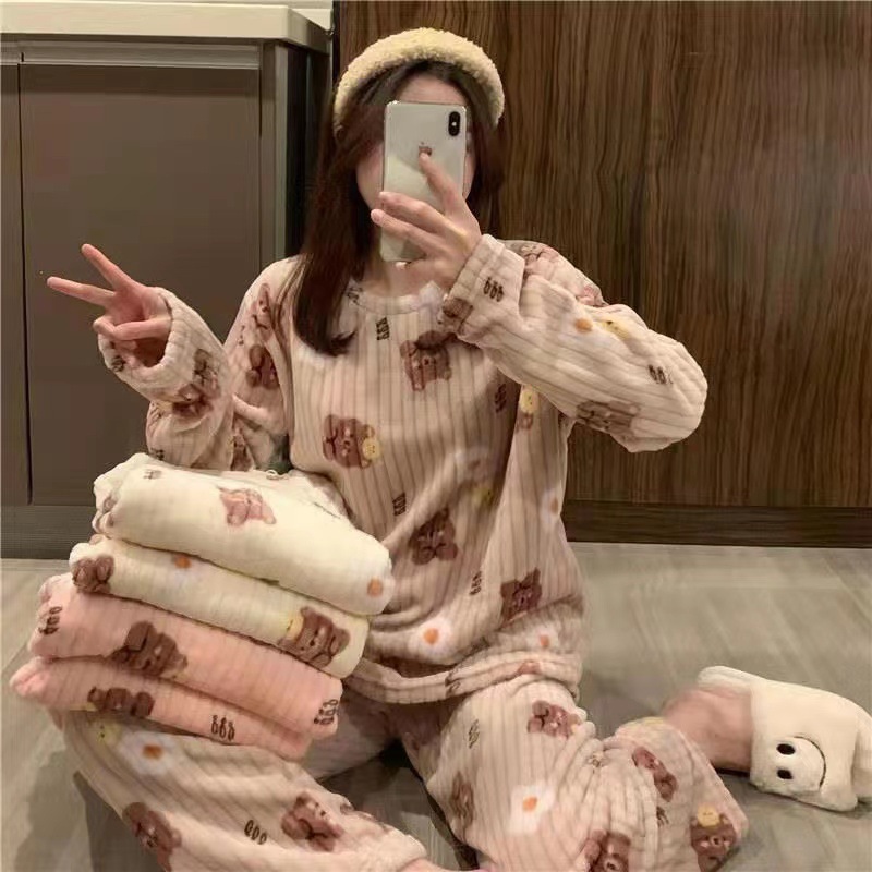 New warm suit pajamas round neck loose slimming warm long sleeve home women's clothes double-sided velvet two-piece suit