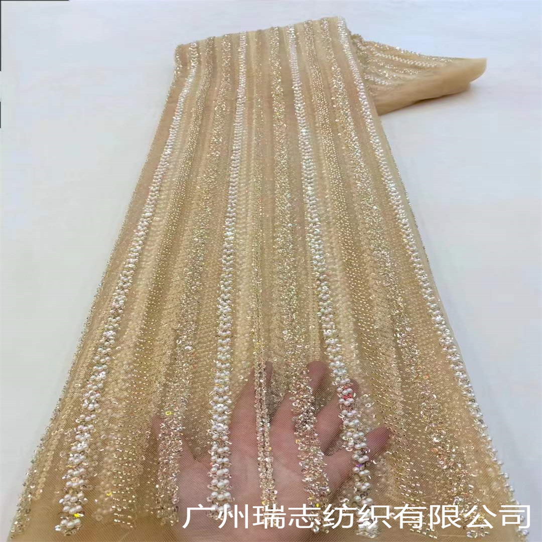 Picture of Bubble Stripe Crystal Sequins Beaded Tube Embroidered Mesh Fabric French Wedding Dress Xinjiang Hair Hat Dress Embroidered Cloth