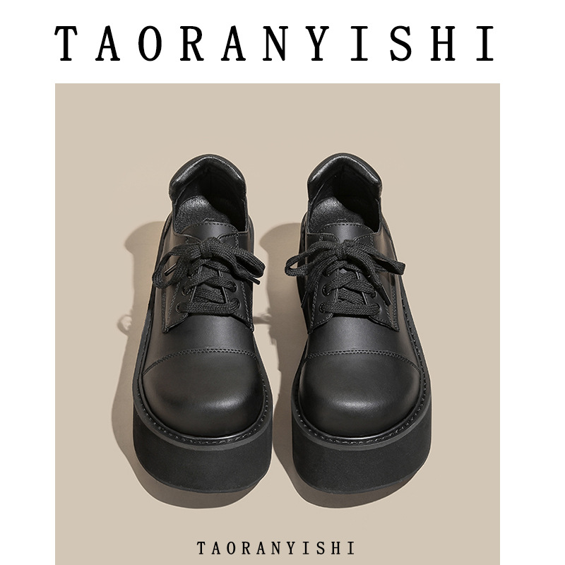 Cowhide version ~ leather muffin thick-soled derby shoes big head small leather shoes women's small height increasing lace-up shoes loafers