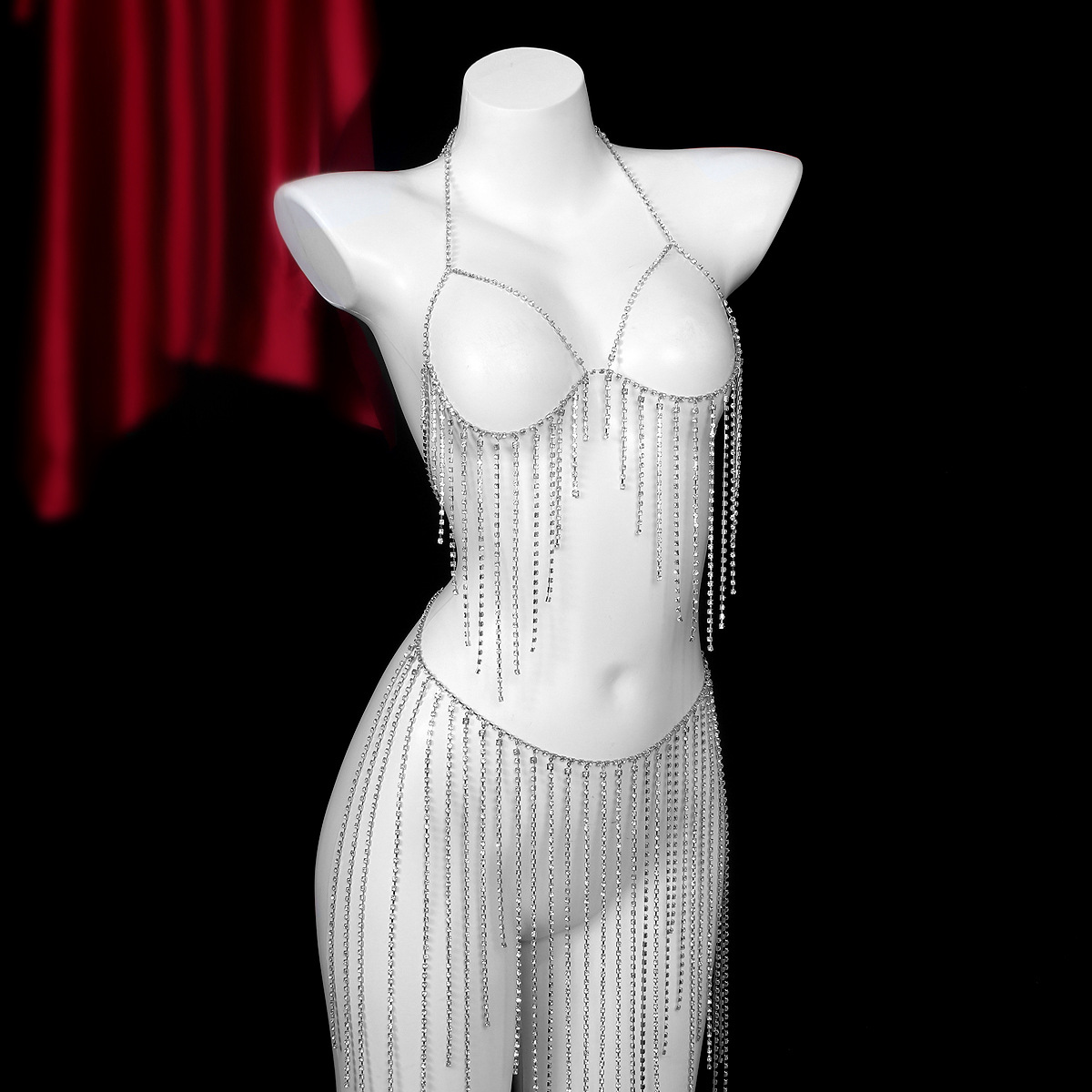 European and American shining rhinestone tassel dress body chain belly dance stage performance accessories chest chain