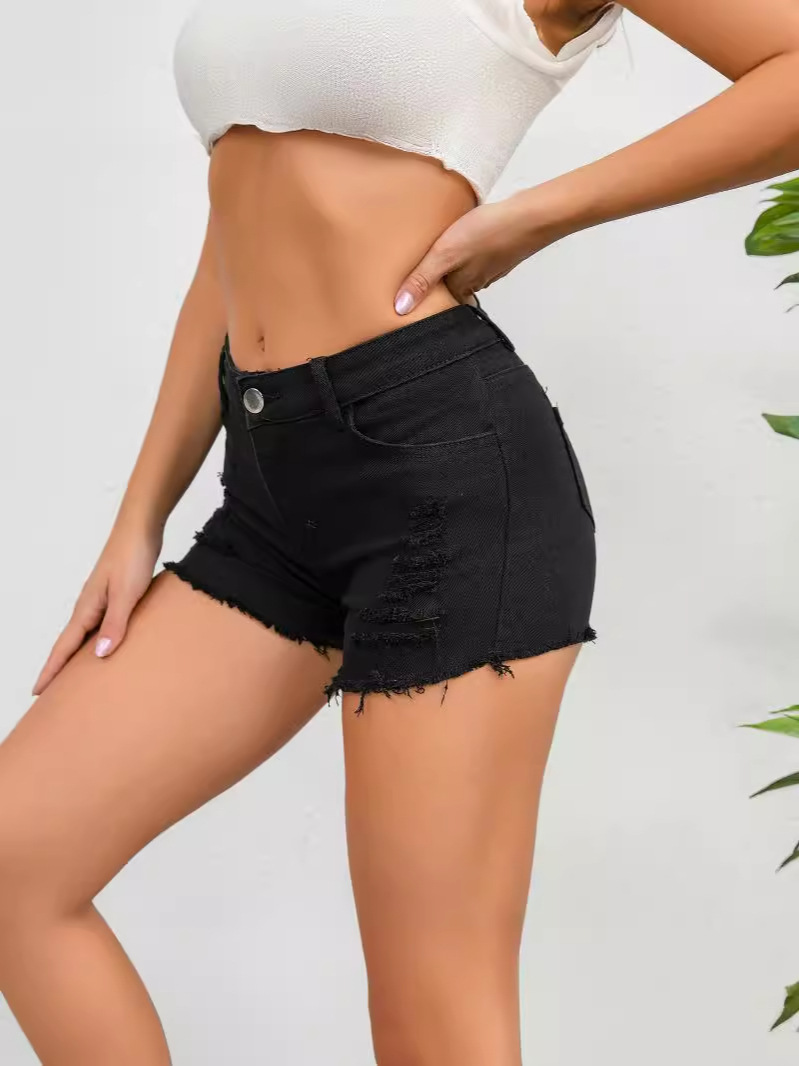 Summer Ins European and American Sexy Tight Ultra-short Denim Shorts Slim-fit A- line Burr Hole Slim-fit Hot Pants
