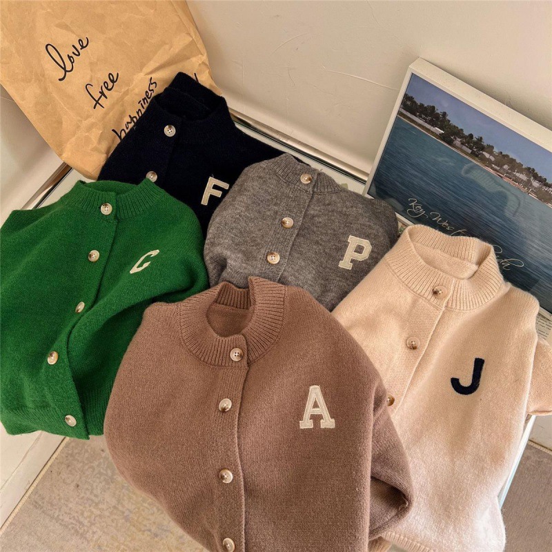 Picture of [in stock] children's sweater cardigan spring and autumn new boys and girls solid color letters cardigan baby sweater