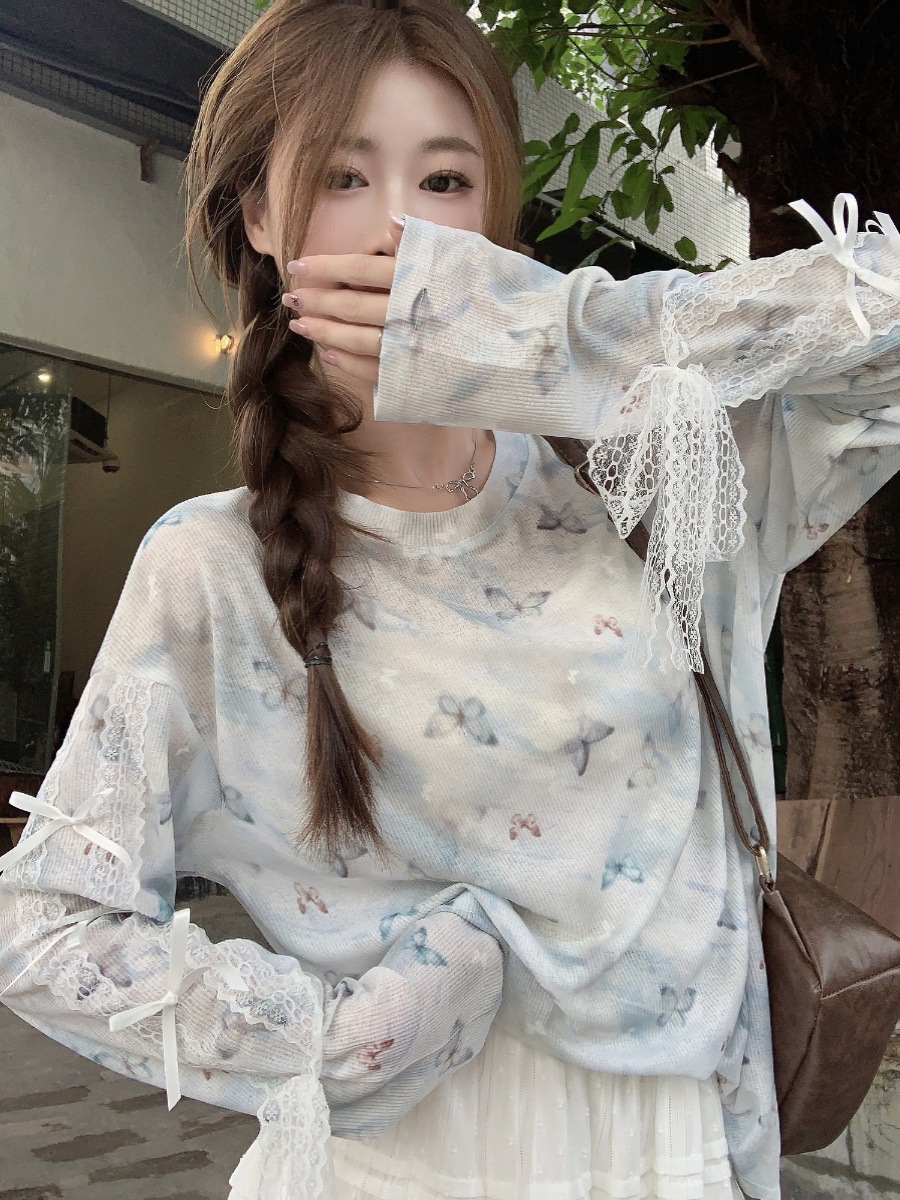 [Self-set Factory in stock Now] Dopamine Printed Blouse T-Shirt Niche Casual Loose Thin Top