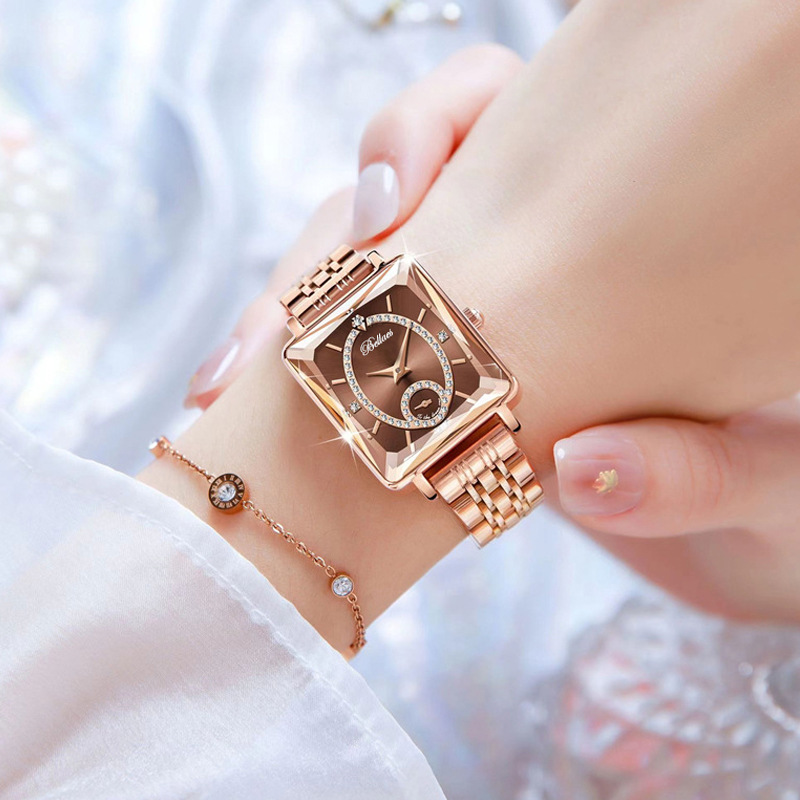 High-end fashion Square Women's rose gold diamond-embedded watch two-pin half movement TikTok live hot-selling online style
