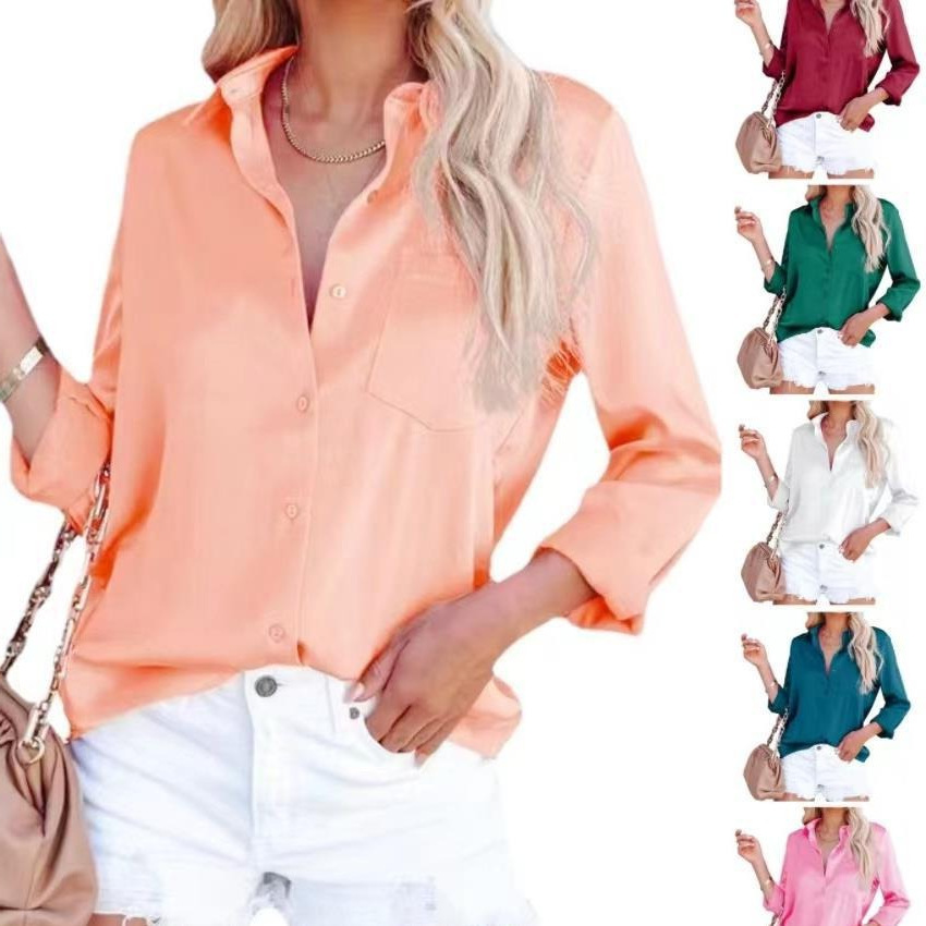 European and American women's clothing 2024 spring new Amazon satin long sleeve V-neck office business shirt in stock