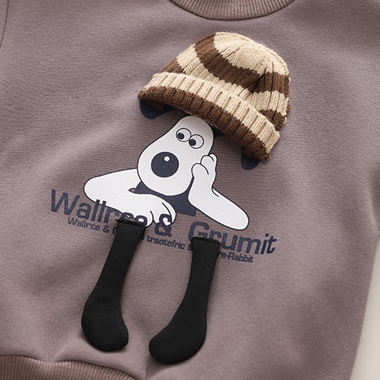 Picture of Baby Boys' winter thick fleece-lined round neck sweater suit children's warm cartoon long sleeve trousers two-piece set Wholesale