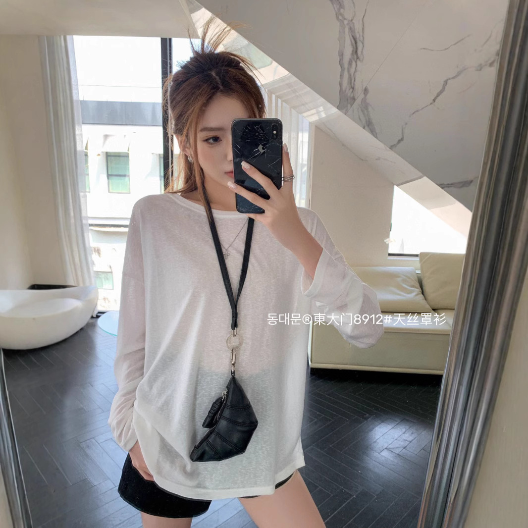 8912 # Tencel Blouse Korean Style Loose Thin Summer Slightly See-Through Casual Lazy Round Neck Long-Sleeved T-Shirt Blouse for Women