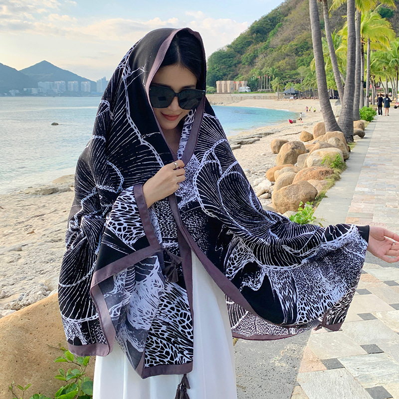 Picture of New black big flower fashion travel photo big shawl summer holiday sunscreen beach towel outside silk scarf