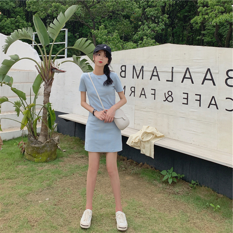 Picture of New 2025 Summer Korean Style Mid-Length Dress for Female Students Pure Color Export Women's Skirt Clothes One Piece Shop