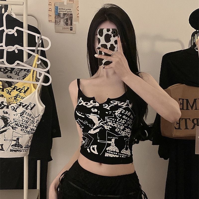 Summer Niche Chic Interior Short Slim-Fit Threaded Sling American Style Sexy Punk Hot Girl Printed Sleeveless Top