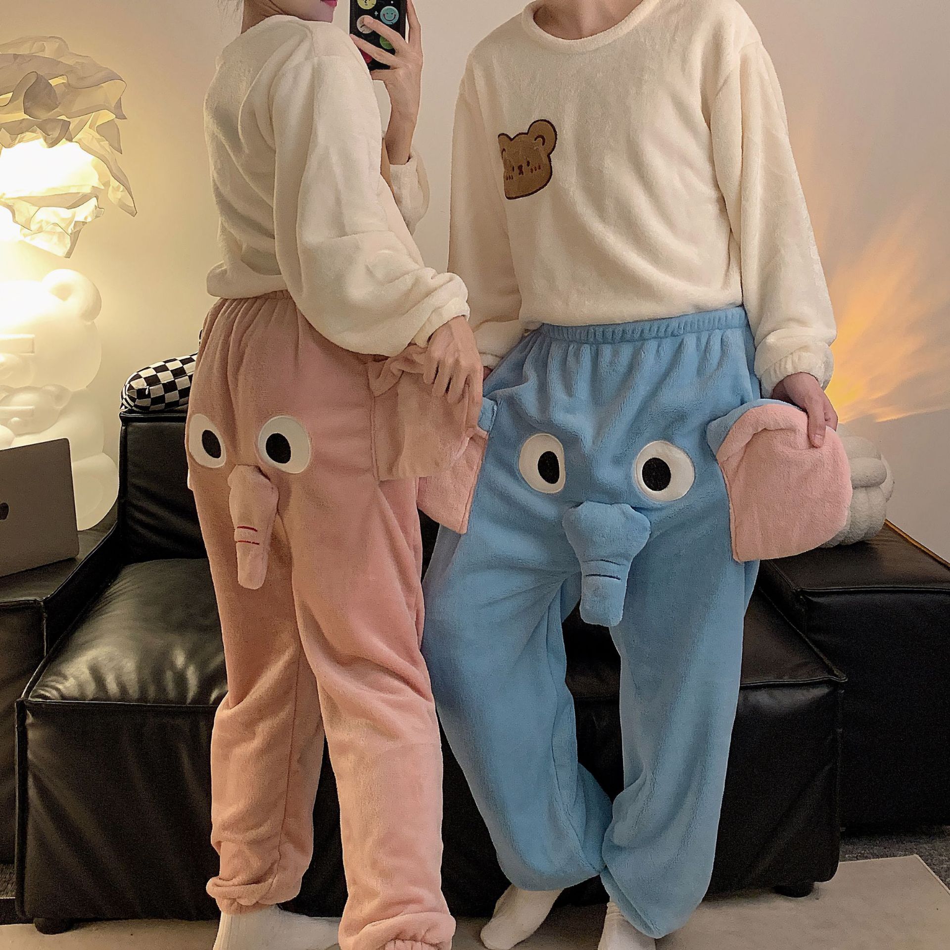 Coral fleece pajama pants couple cute funny elephant fleece-lined trousers pajama pants autumn and winter flannel plus size home pants