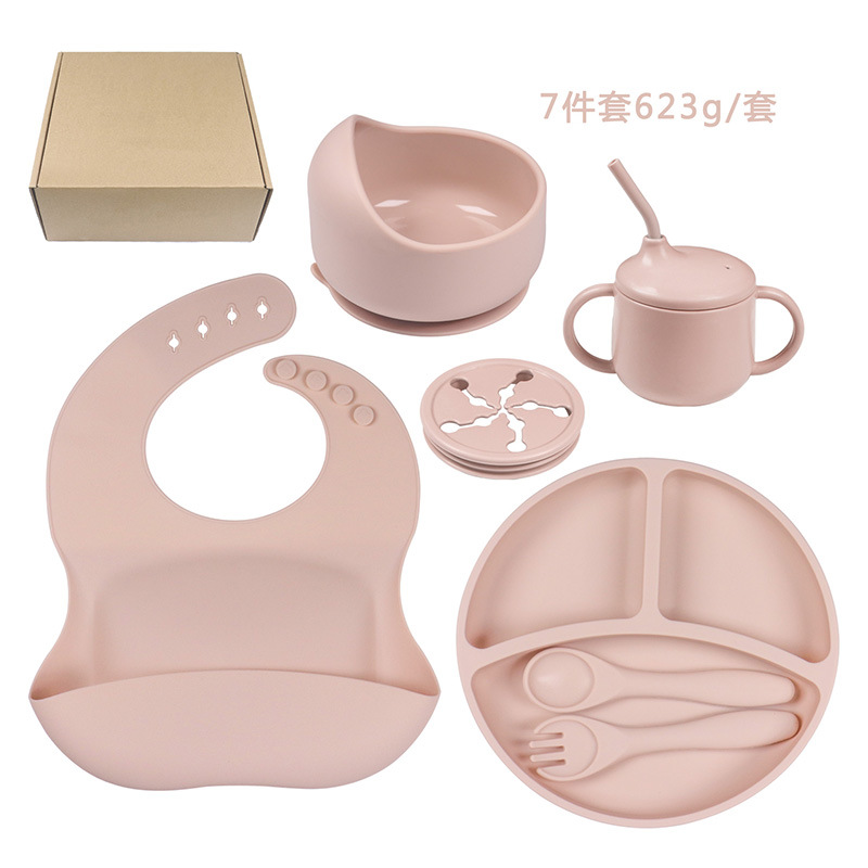 Picture of Cross-border Hot Selling Children's Supplementary Silicone Dinner Plate Bowl Fork Spoon Bib Five Pieces Tableware suit Drop Resistant Dinner Plate suit