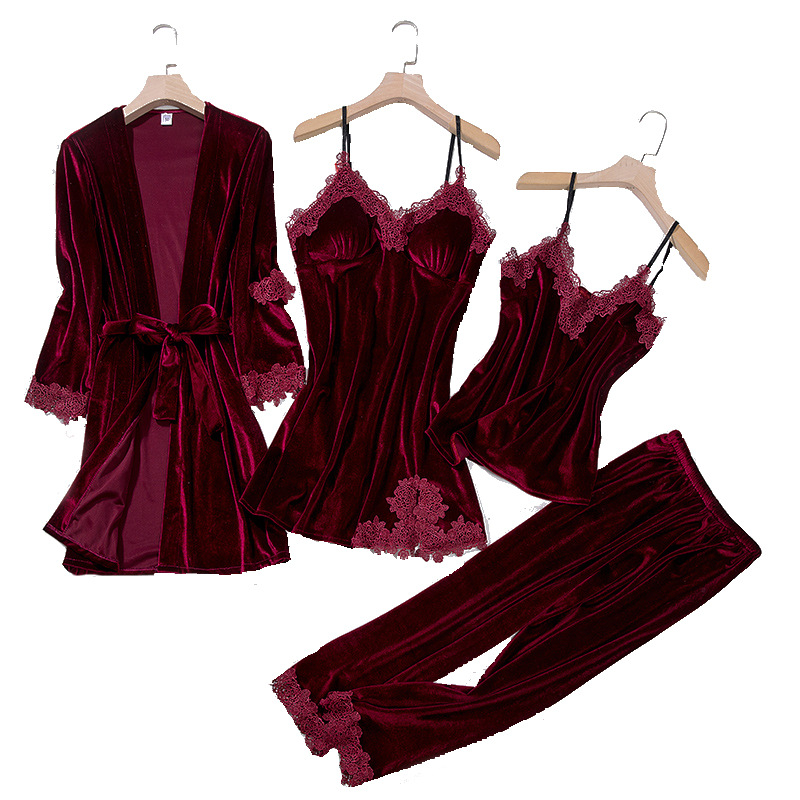 Picture of Velvet Pajamas for Women, Autumn and Winter Lace Nightdress, Camisole Robe Four-Piece Set, Long-Sleeve Loungewear, Thickened and Warm