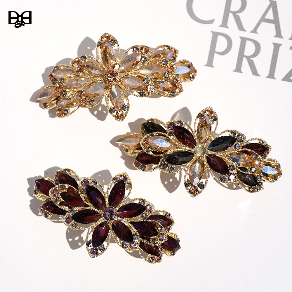 Large Korean-style crystal spring clip diamond hairpin ponytail hairpin flower horizontal clip headdress elegant jewelry women's wholesale
