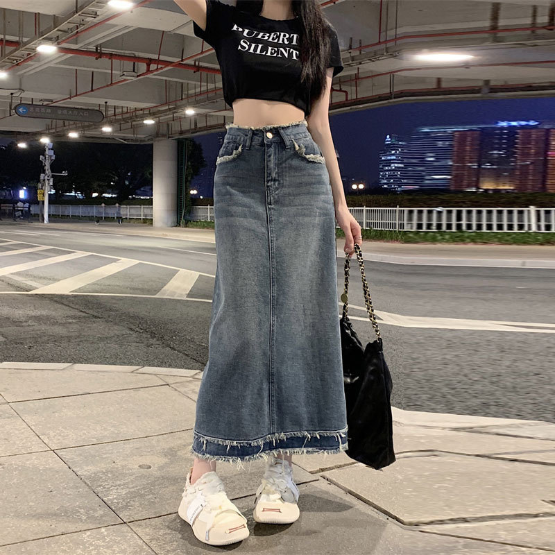 Half-length Retro Denim Skirt Women's Summer Ins Style Design Sense Straight Tube Meat Covering Niche High Waist A- Line Hip Mid-length Skirt