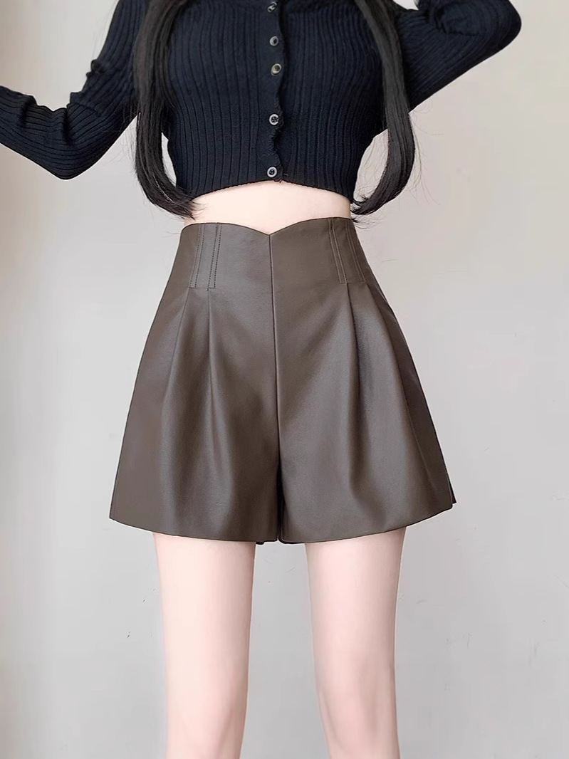 Black PU Leather Pants Women's Autumn and Winter 2024 New High Waist Loose Slimming Wide Leg Pants Shorts for Small Men