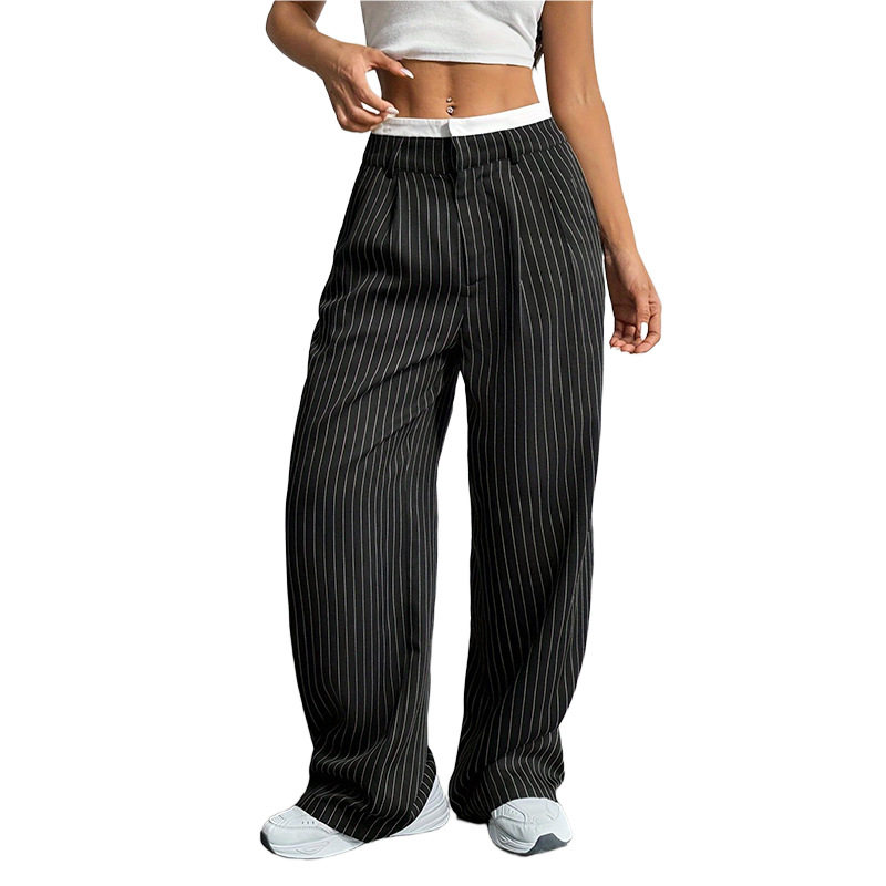 Picture of 2025 Spring and Summer New Cross-border Design Sense Pants Casual High Waist Stitching Pants Simple Dosing Sense Loose Straight Leg Pants