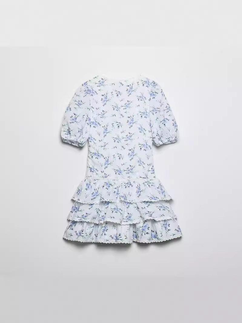 Picture of Cross-Border Wholesale 2024 Summer New Sweet V Neck Printed Cake Skirt Small Fresh Lace Splicing Dress for Women