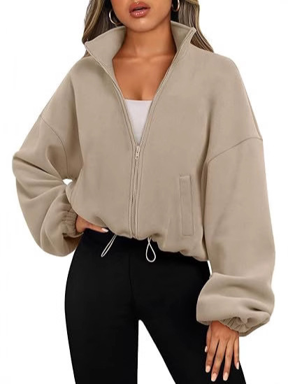Picture of 2025 Amazon Cross-Border Short-Sleeved European and American Style Fashionable Casual Stand-Up Collar Long-Sleeved Zipper Drawstring Warm Cardigan