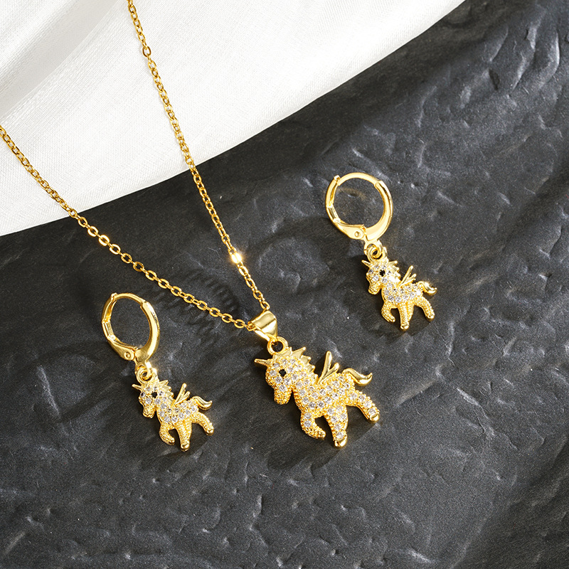 Vietnam Sand Gold Necklace Niche Light Luxury Inlaid with Diamond Unicorn Earrings All-match Women's Long-standing Cross-border Jewelry