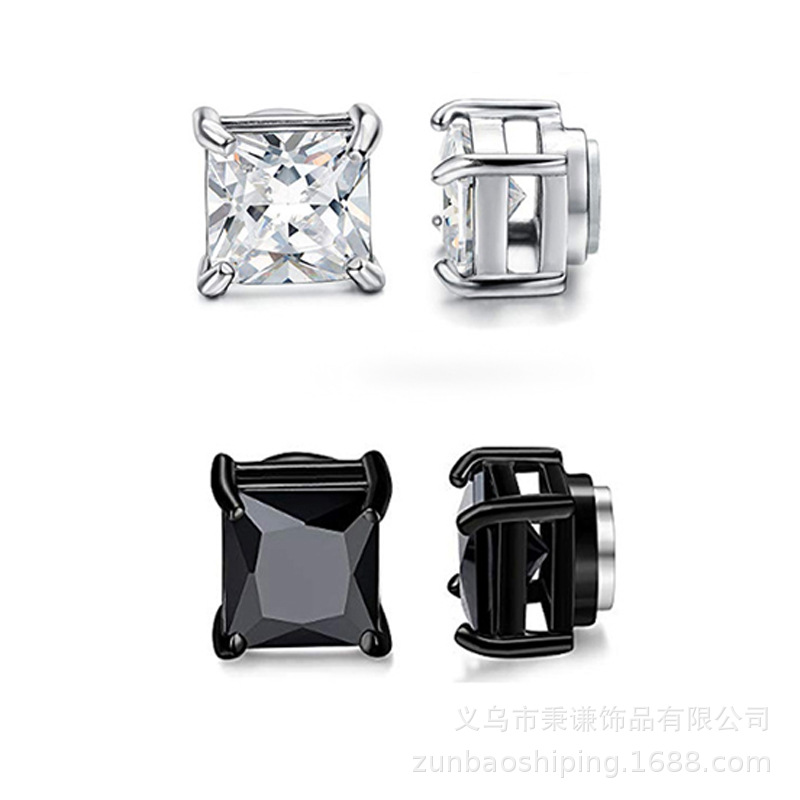 Cross-Border Ear Clip Earrings for Men Without Pierced Ears Magnet Ear Clips for Women Stainless Steel Titanium Steel Earrings Square Zircon