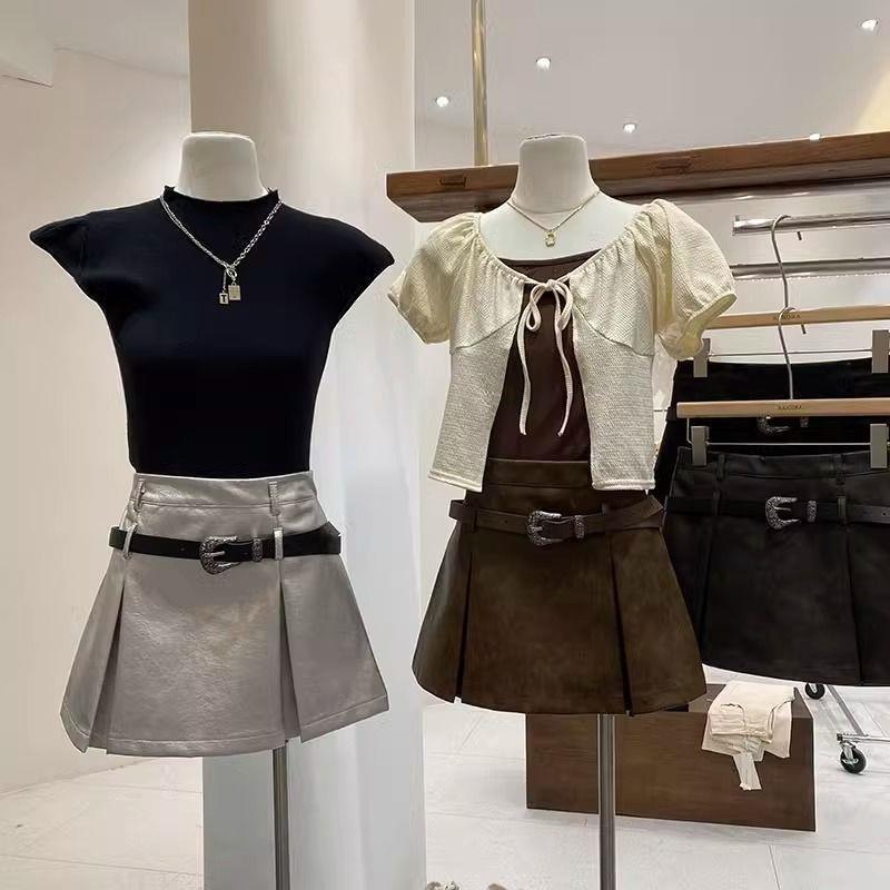 Skirt Women's Shorts New Silver with Belt PU Leather Niche Skirt A-line Skirt Autumn and Winter Short Sexy Design