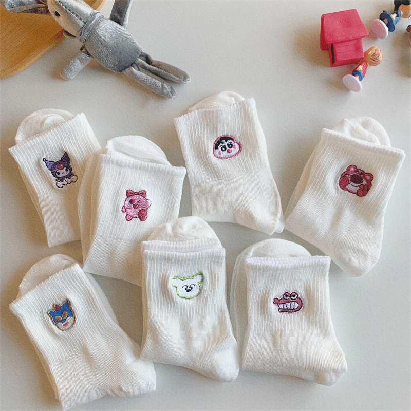 White Embroidered Cartoon Socks for Women, Trendy Versatile Couple Style, Cute Student Slouch Socks for Women, Ins Style