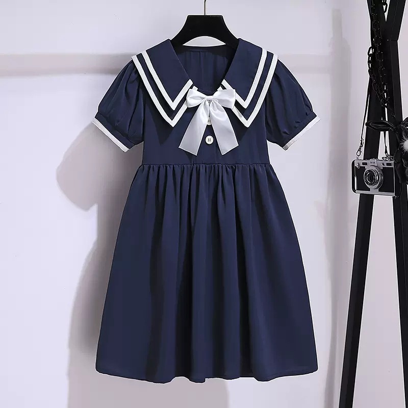 Girls' Dress New Style Junior High School Student College Style Lapel Puff Sleeve Korean Style Casual Skirt Summer Dress